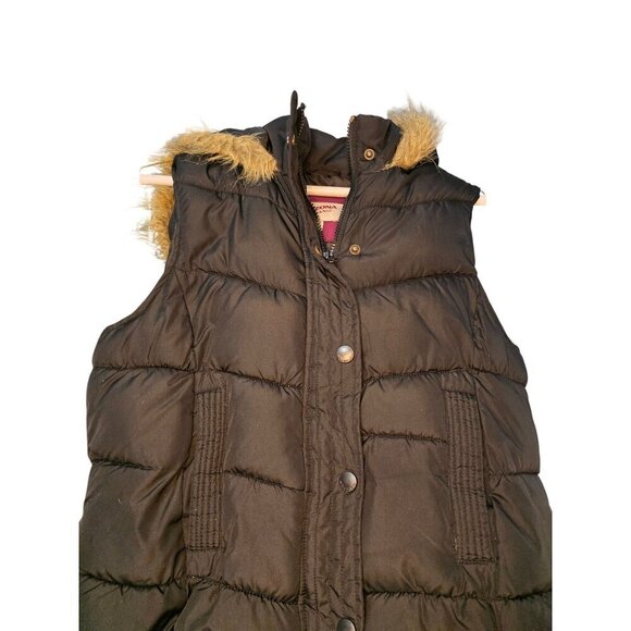 ARIZONA JEANS CO Women Puffer Vest Jacket Brown Faux Fur Hooded Large EUC - Picture 6 of 7